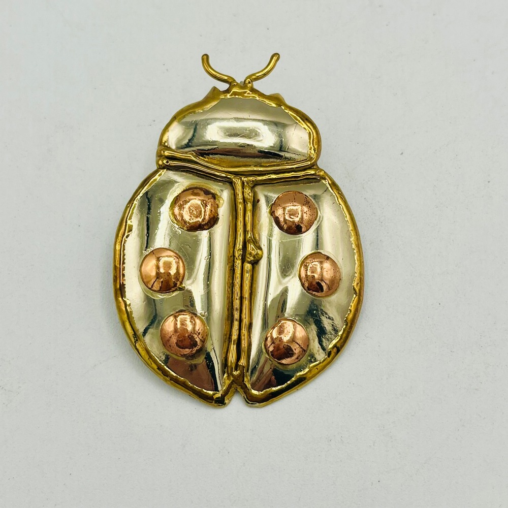 Vintage Mixed Metal Ladybug Brooch Pendant Gold Copper Tone Artisan Insect Pin